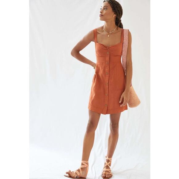Anthropologie Maeve Twist Front Linen Mini Dress L | Terracotta Button Sundress - Picture 13 of 16